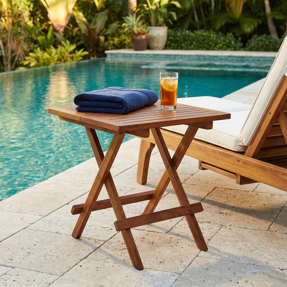 Ravinia Folding Teak Small Table, Oiled Finish Brown