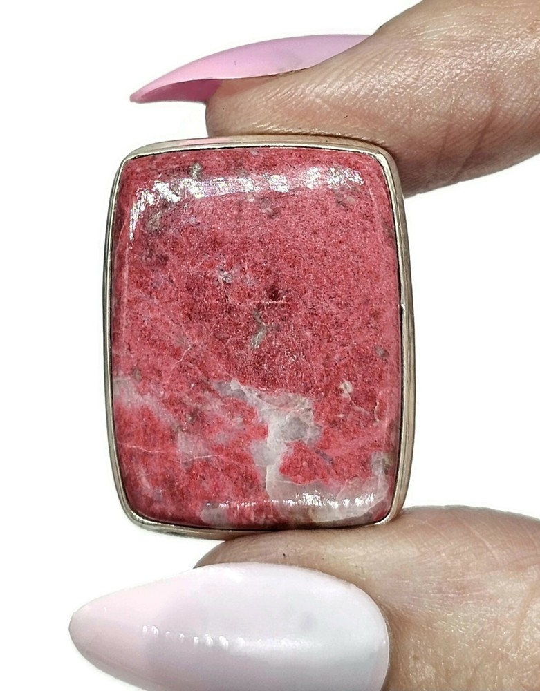 Rectangle Thulite Ring, size Q, Sterling Silver, Vibrant Pink Gemstone, Pink