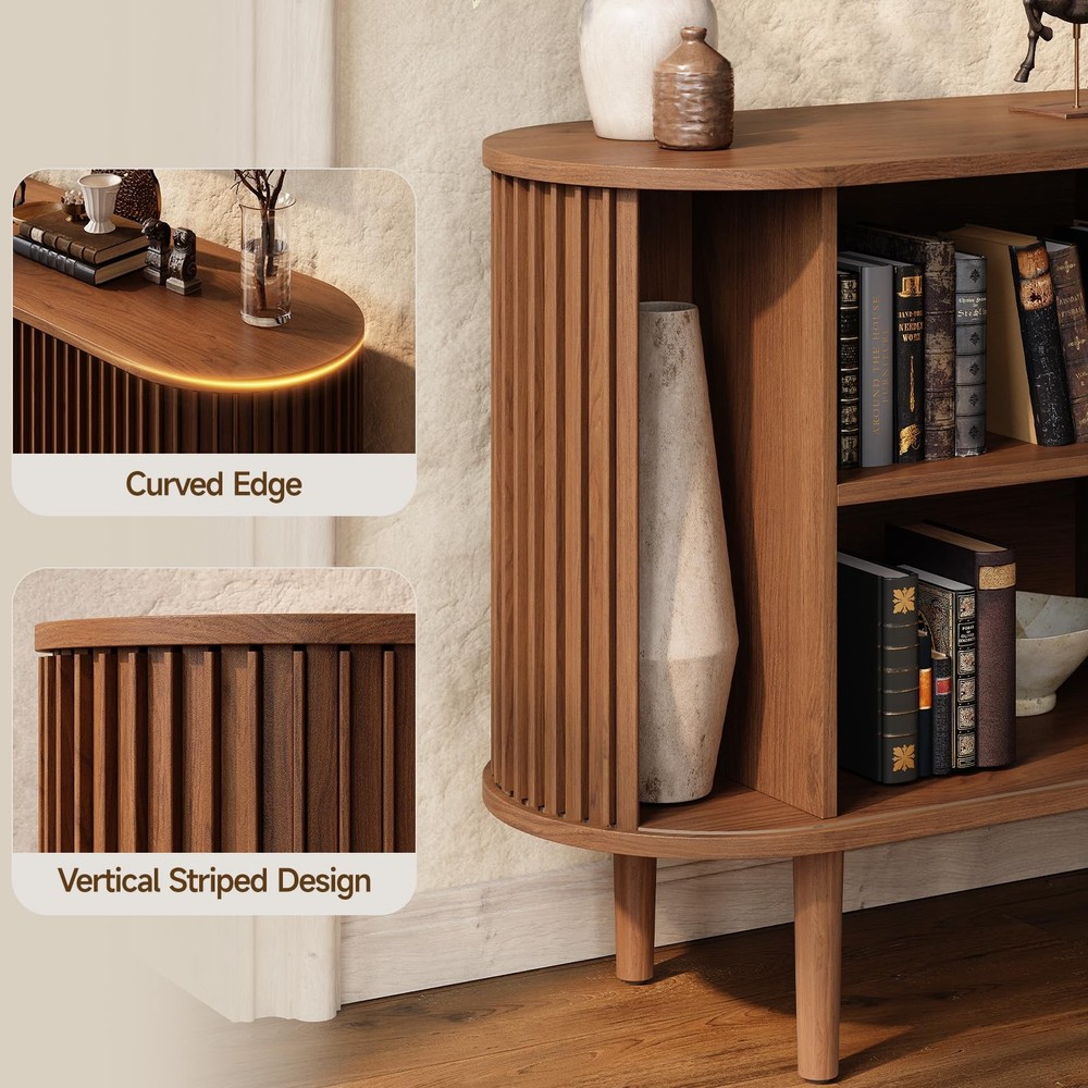 55" MCM Buffet Sideboard Sliding Doors Storage Adjustable Shelves Walnut