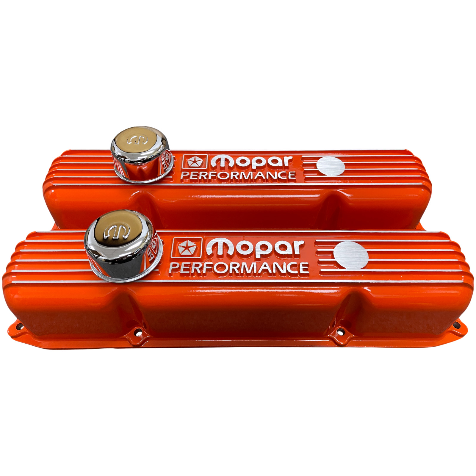 NOS Mopar 383 400 440 ORANGE Die-Cast Aluminum Valve Covers W/ Logo Breathers