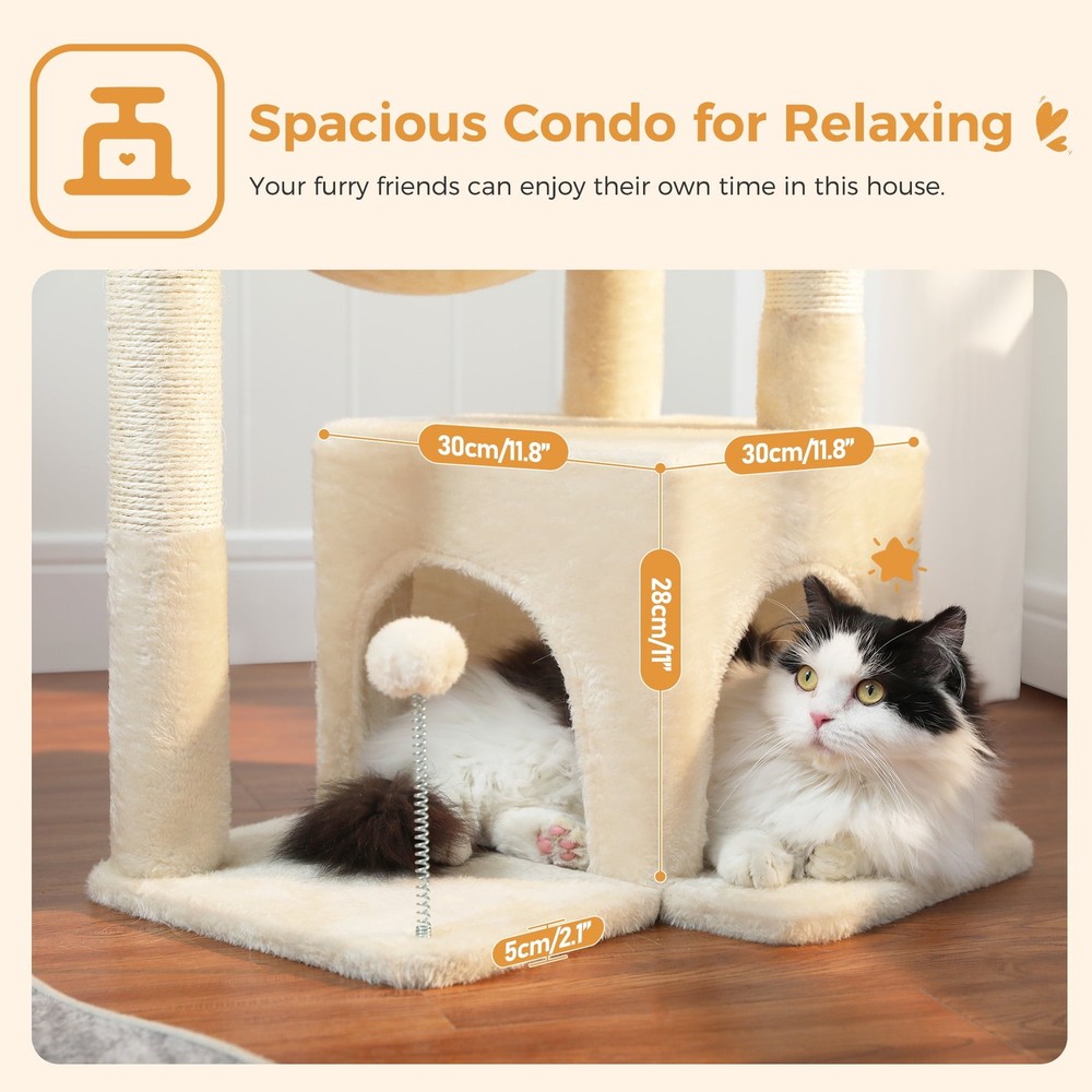 29.5" Cat Tree Tower w Hammock Top Perch & Sisal Scratching Posts Beige