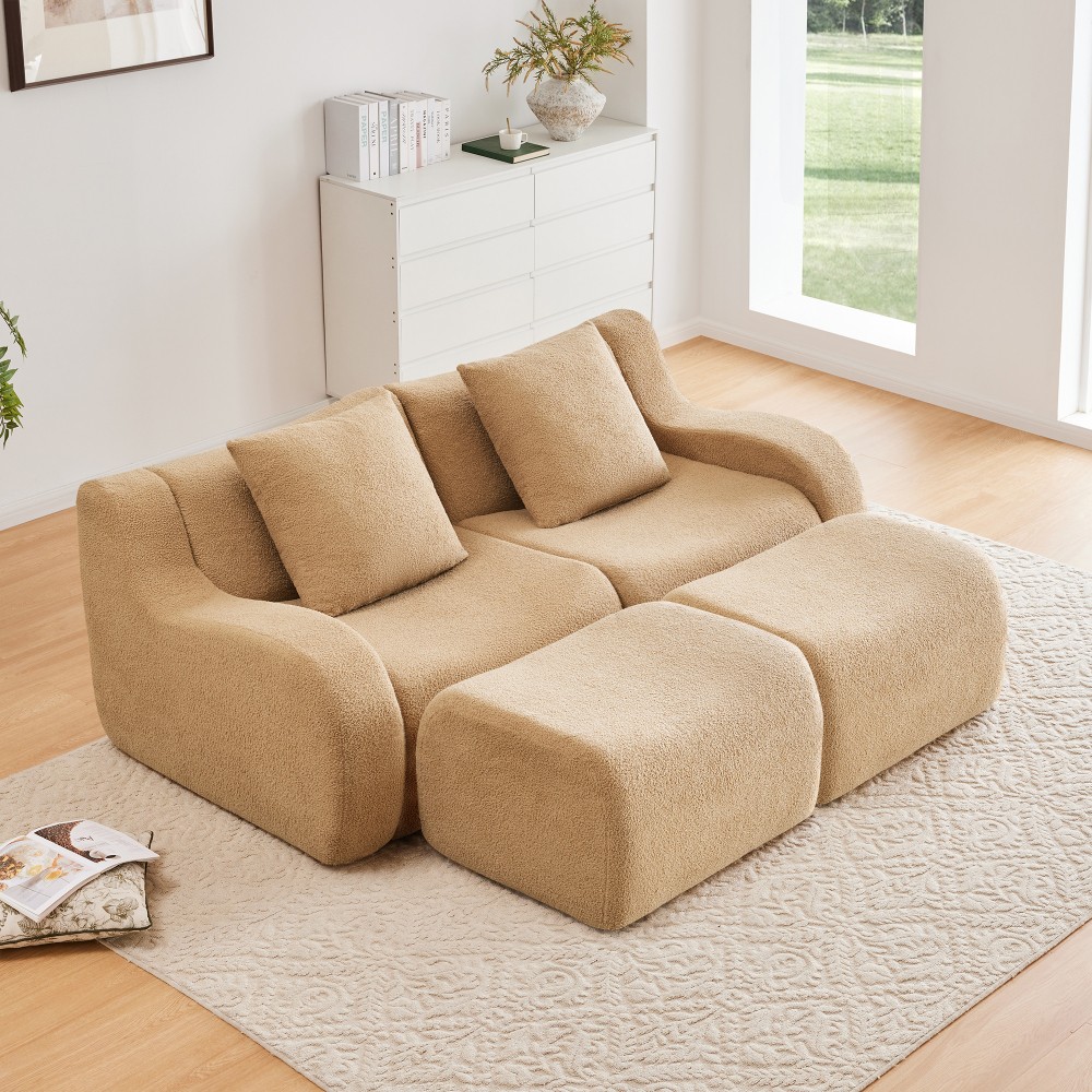 Soft Teddy Fabric Modular Sofa w/ Ergonomic Support & Anti-Slip Base, Camel