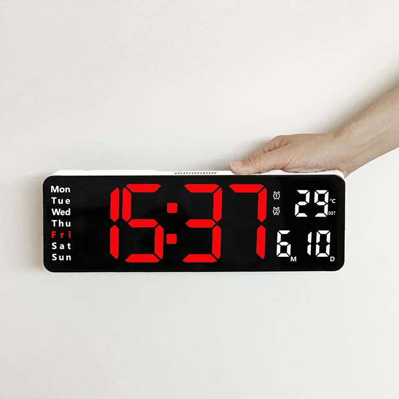 Large LED Digital Wall Clock Remote Control Temp Date Week Display Memory Watch