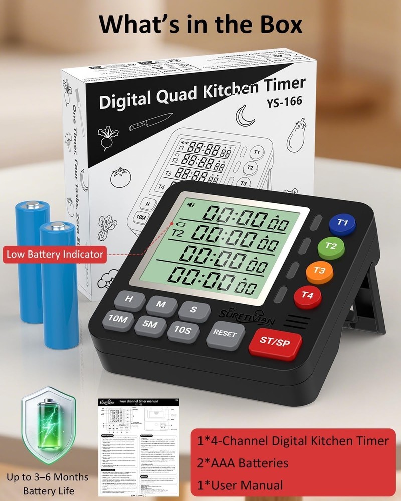 Digital Kitchen Timer for Cooking - 4 Channel Count Up Countdown Timer with L...