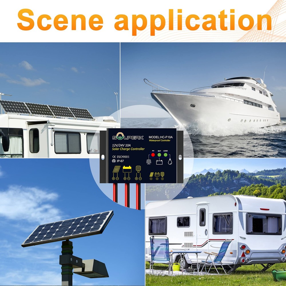 SOLPERK 10A Solar Charge Controller Waterproof Solar Panel Controller 12V/24V...