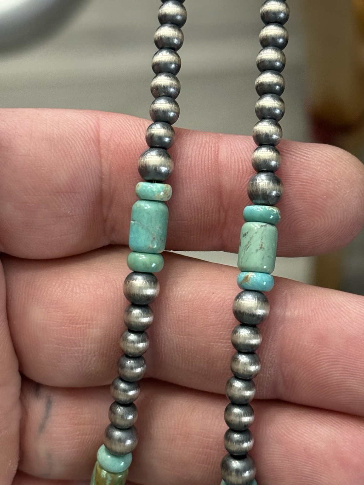 STERLING SILVER 5mm NAVAJO PEARL TURQUOISE CYLINDER BEADS BEADED NECKLACE .925