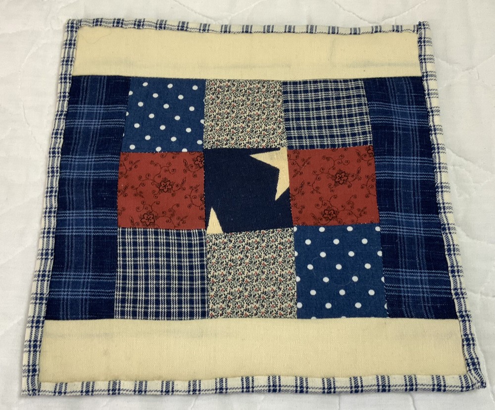 Patchwork Mini Quilt, Teddy Bear Quilt, Nine Patch, Calico Prints, Blue, 9” X 9”
