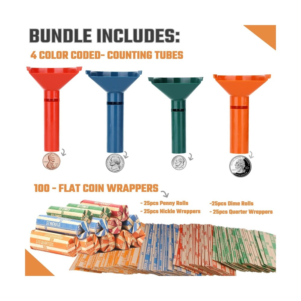 Coin Counters & Coin Sorters Bundle 4 Color-Coded Tubes/100 Assorted Wrappers