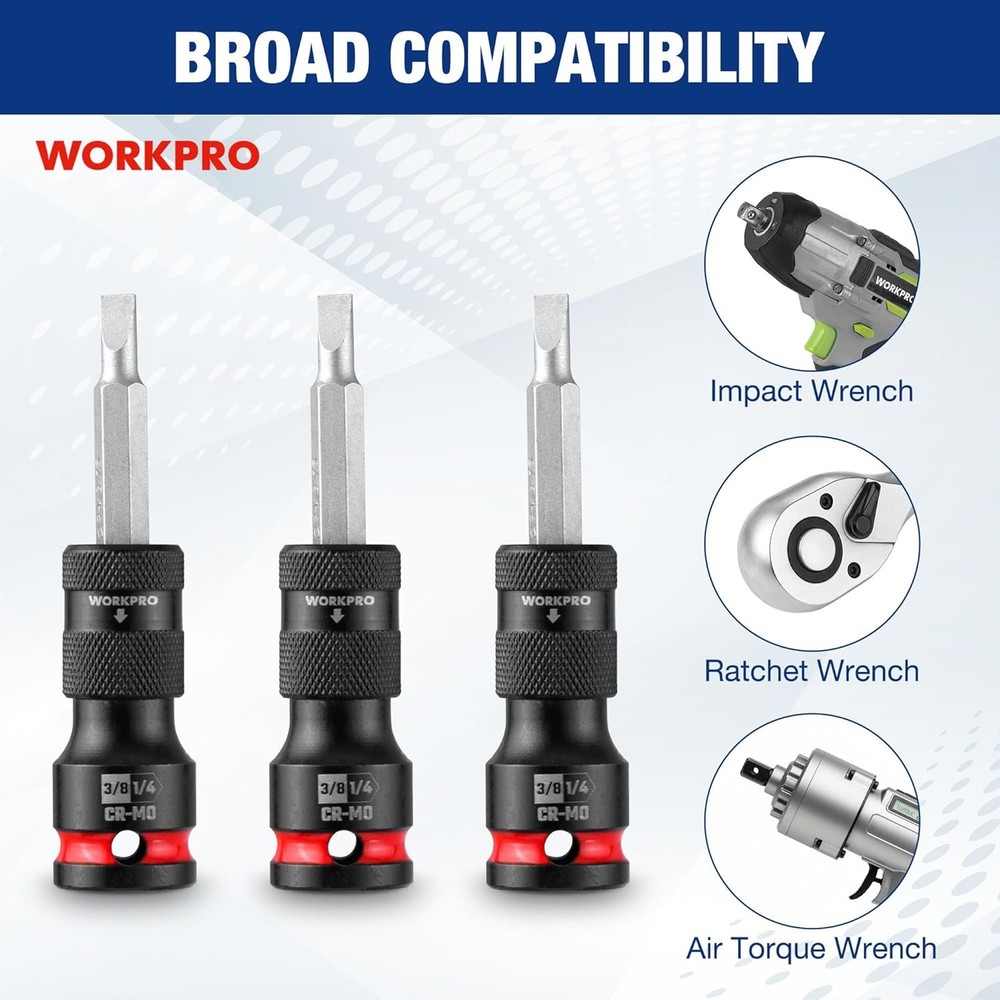 WORKPRO 3/8" Square to 1/4-in Hex Quick Release Impact Socket Adapter Bit Holder
