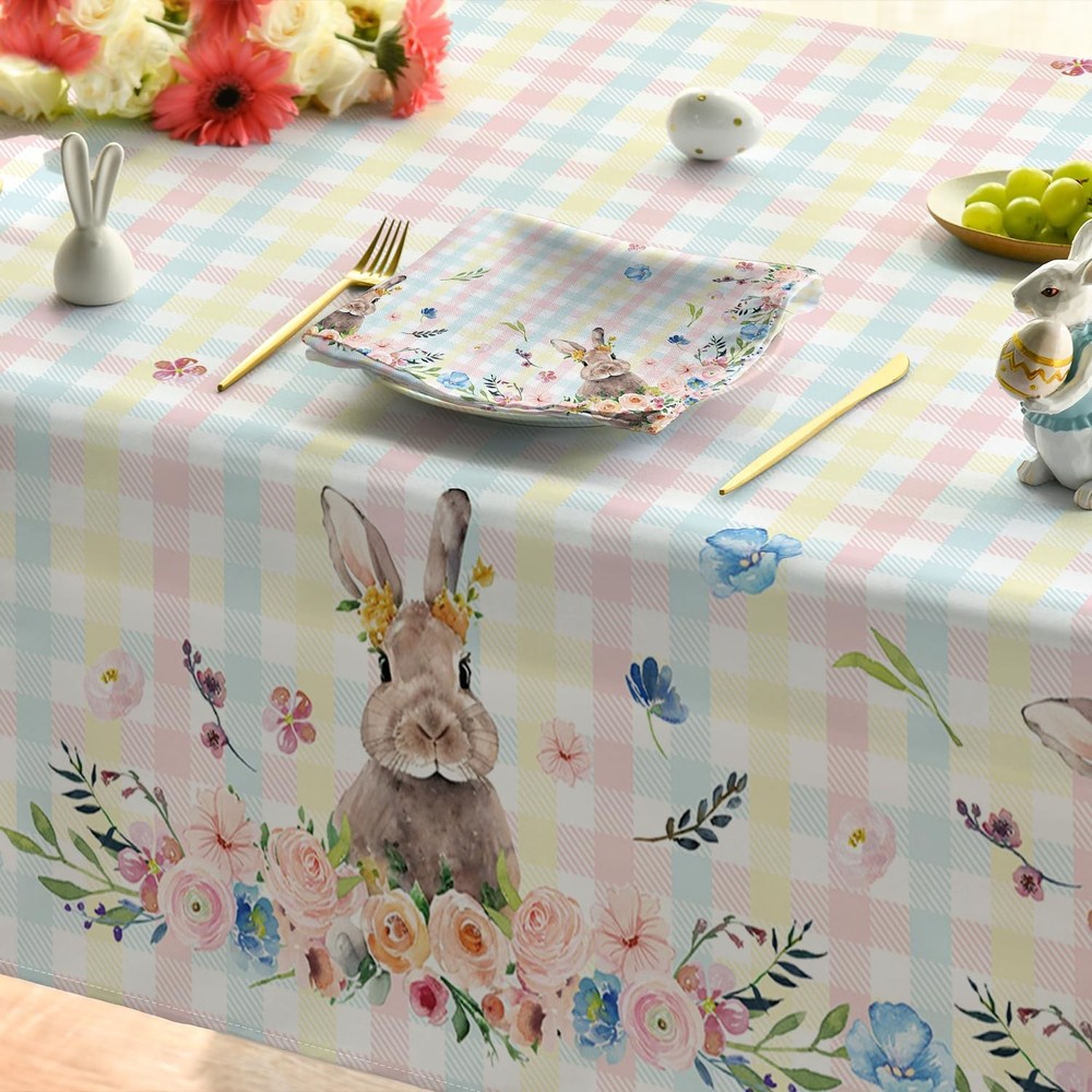 Easter Tablecloth 60×140 Inch Rectangular, Colorful Spring Flower Buffalo Pla...