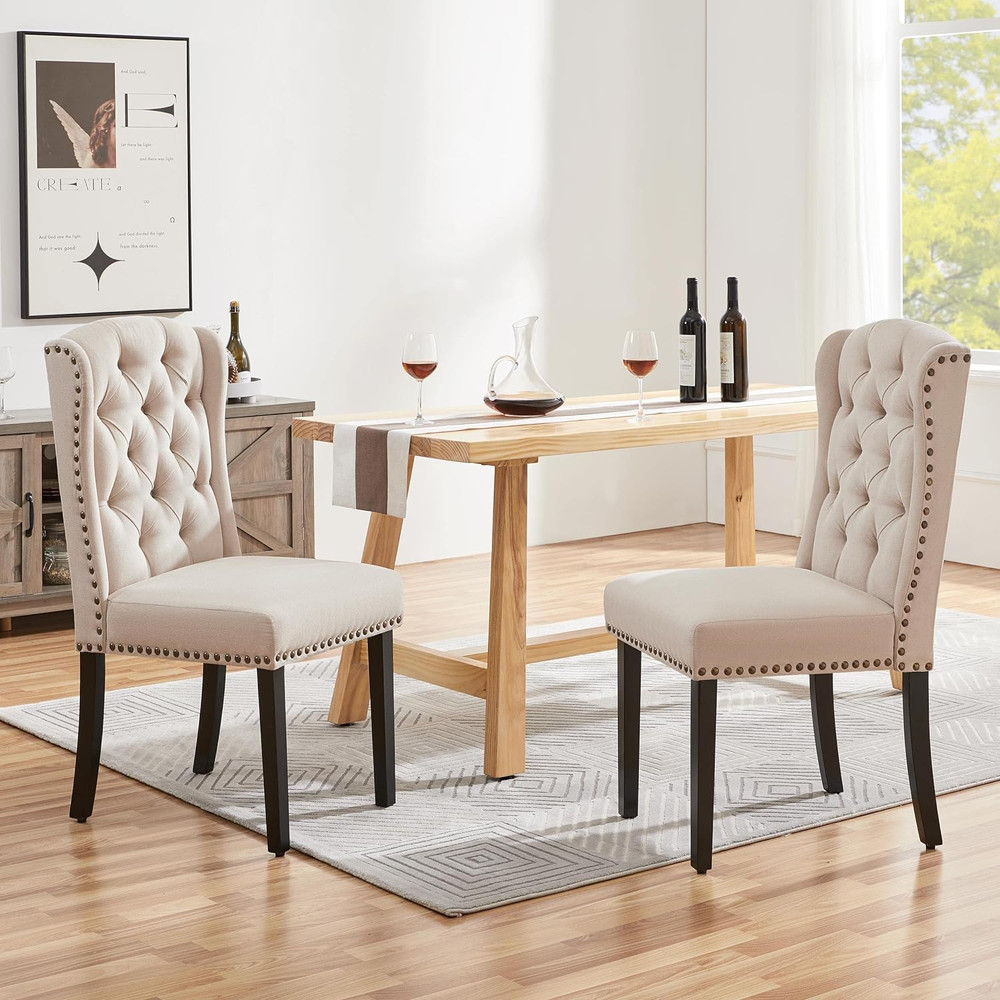 Upholstered Dining Chairs Set of 2 Button Tufted Kitchen Chairs with Solid Wood