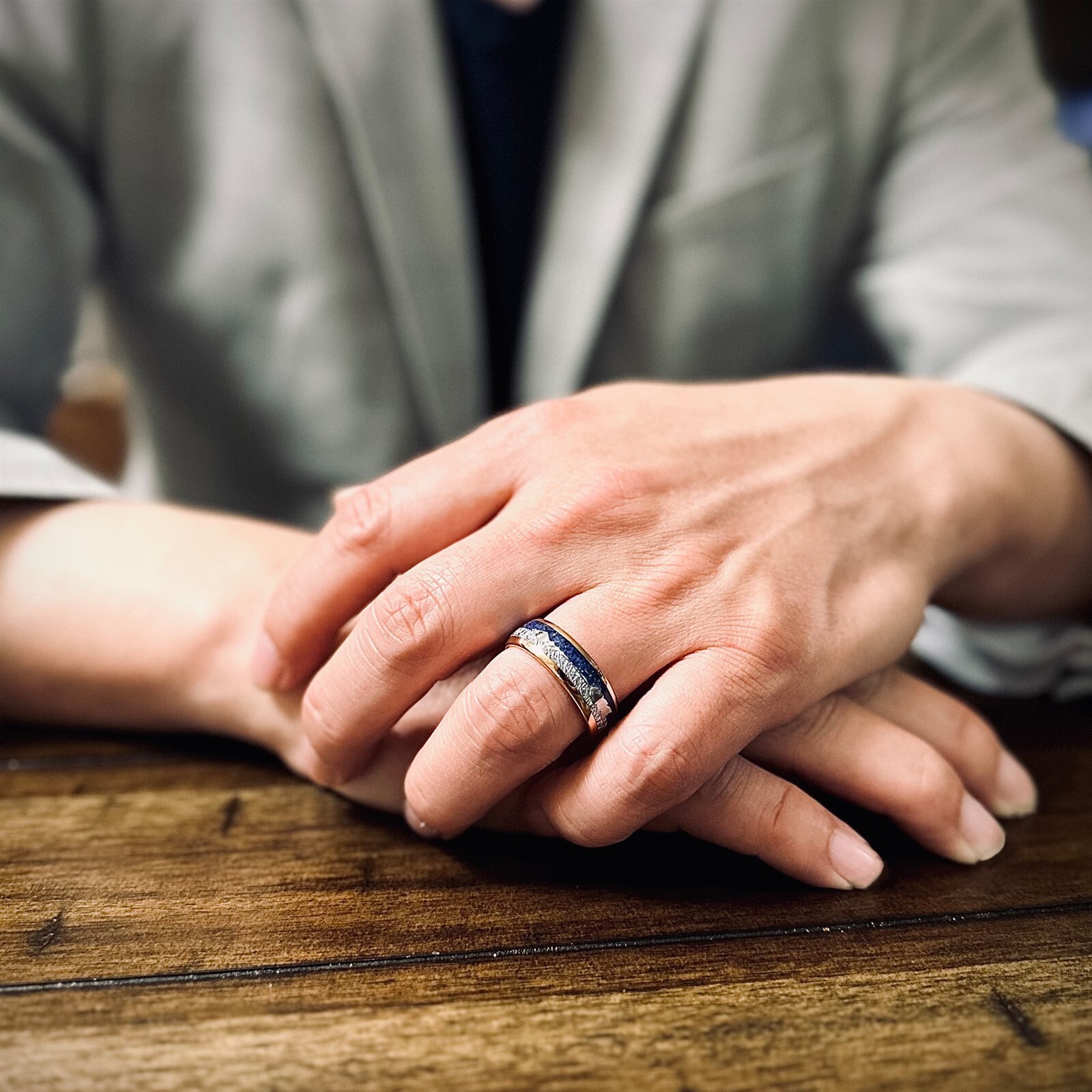 Rose Gold Plated Tungsten Carbide Meteorite & Blue Lapis Lazuli Men's Band Ring
