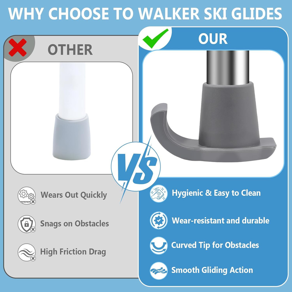 2 Pack Walker Ski Glides for Folding Walkers, Smooth Gliding Replacement Feet, H