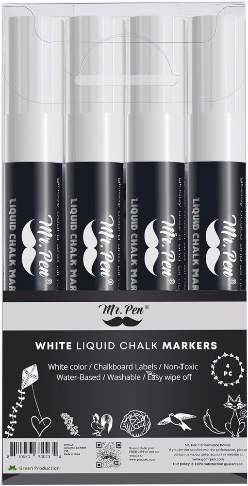 White Chalk Markers, 4Ct, Dual Tip, Assorted, Reversible Chisel/Bullet Tip