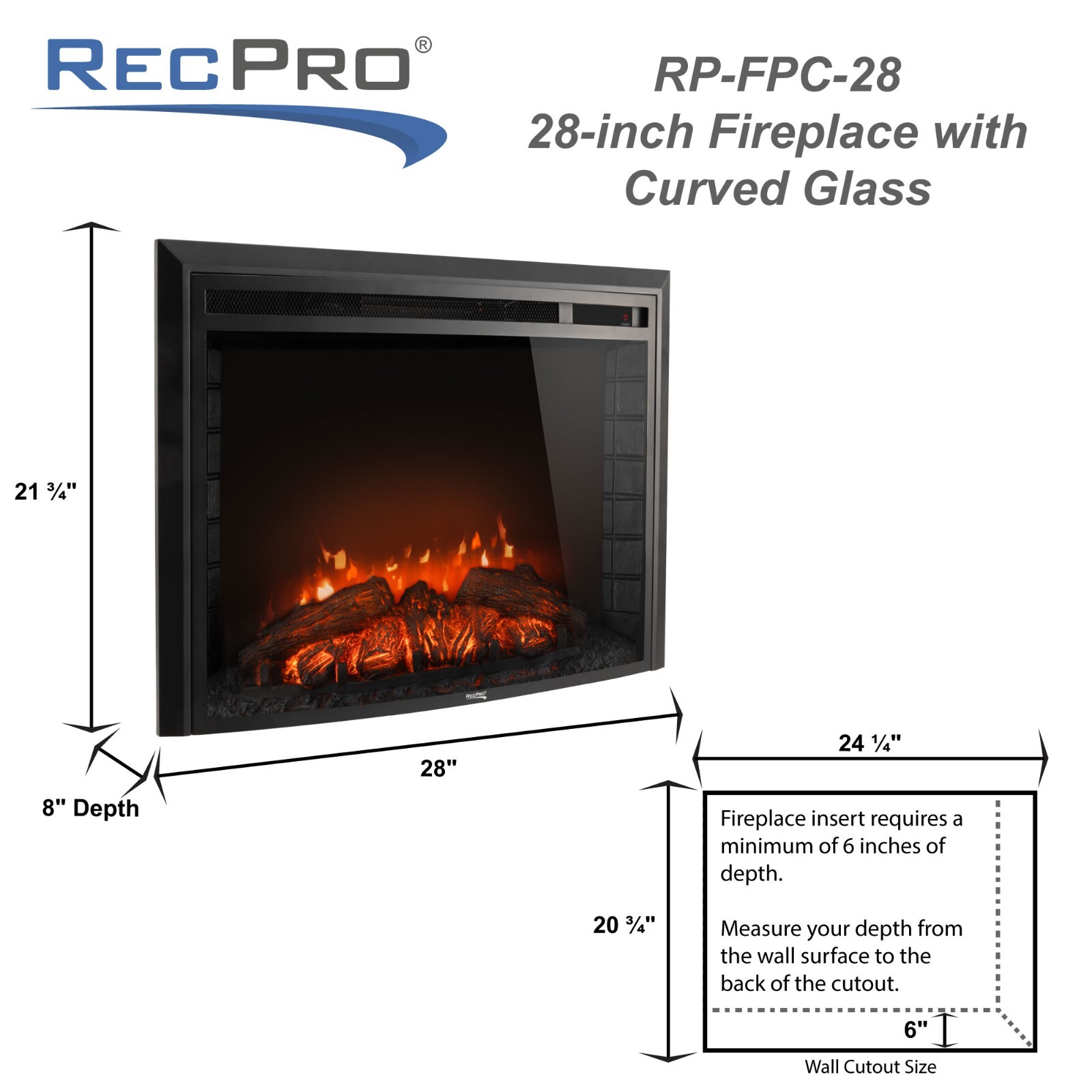 RecPro RV 28" Fireplace | Recessed Electric Fireplace | Glass with Log View