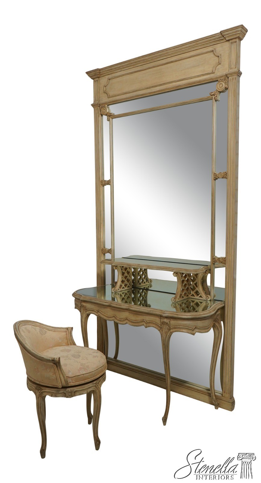 70582: Vintage Dressing Vanity w. Large Mirror & Stool