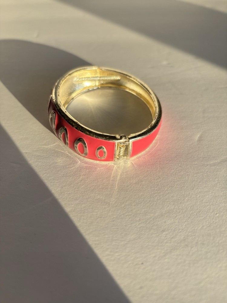 Red Ornamental Enamel Hinged Bangle Bracelet (Gold Tone)