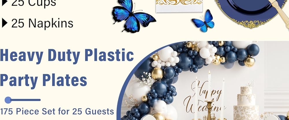 Blue Plastic Plates - Blue Gold Plastic Dinnerware Set Disposable