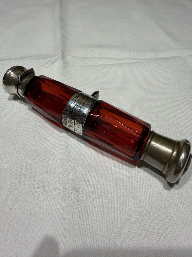 Victorian Ruby Red Glass Folding Double Scent Bottle Silver Mount