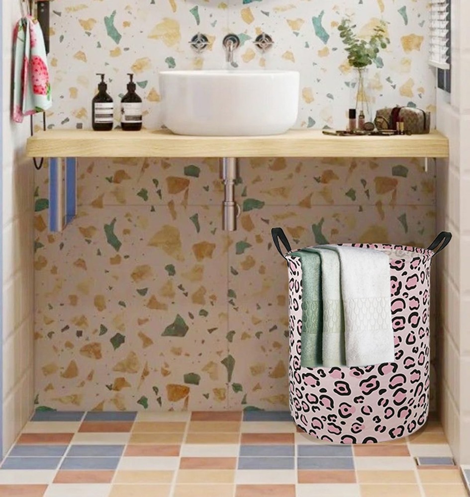Round Leopard PatternLaundry Hamper Storage Basket Fabric Material Storage Ha...