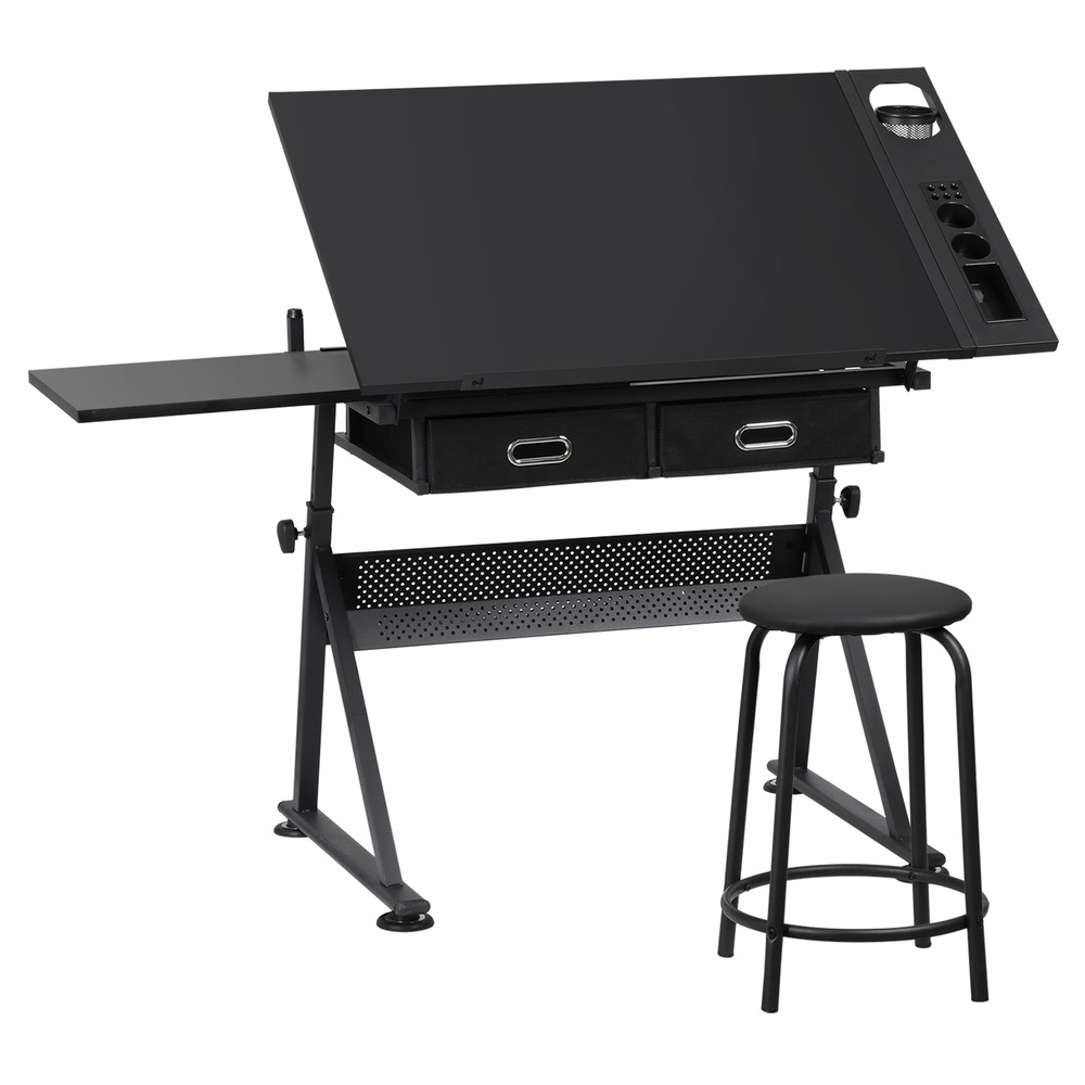 Adjustable Drafting Drawing Table Craft Tiltable Tabletop w/ 2 Drawers & Stool