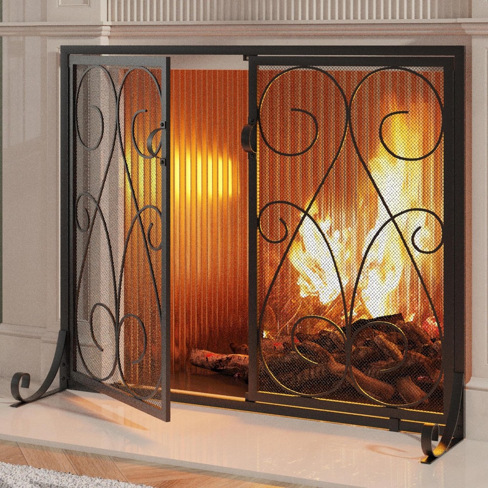 2-Panel Fireplace Screen with Doors Handcrafted Wrought Iron Decorative Mesh,...