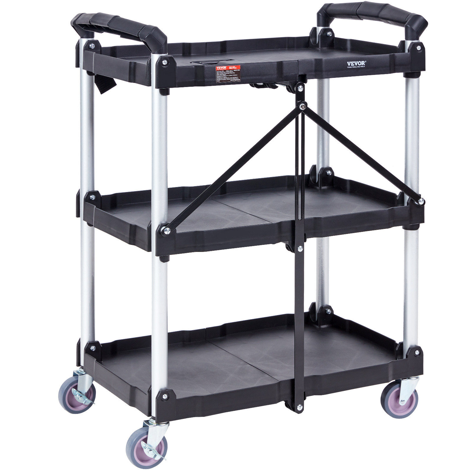 VEVOR Foldable Utility Service Cart 3 Shelf 165LBS with Swivel Lockable Wheels