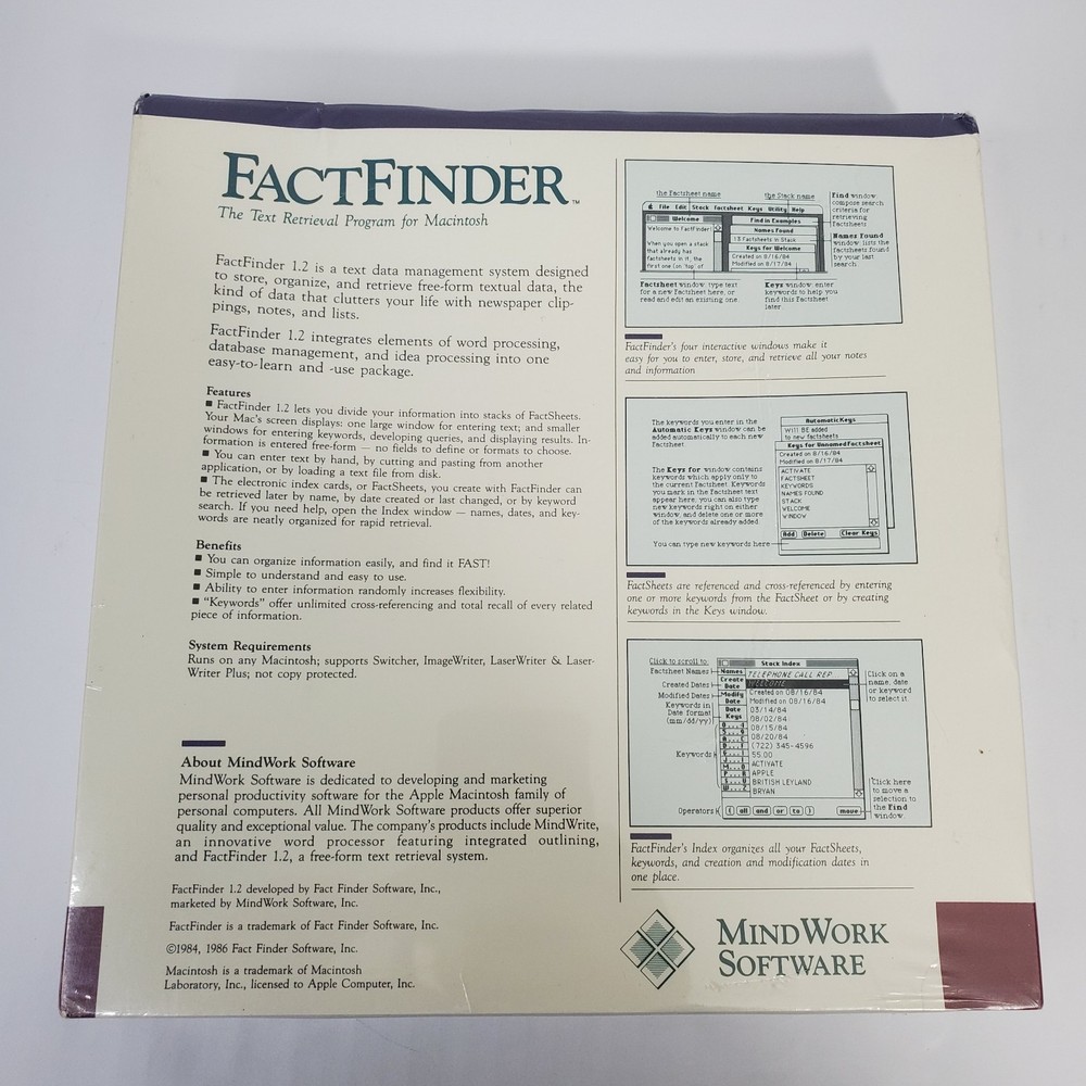 Mind Work Software Fact Finder 1.2 For Apple Macintosh 1986 SEALED