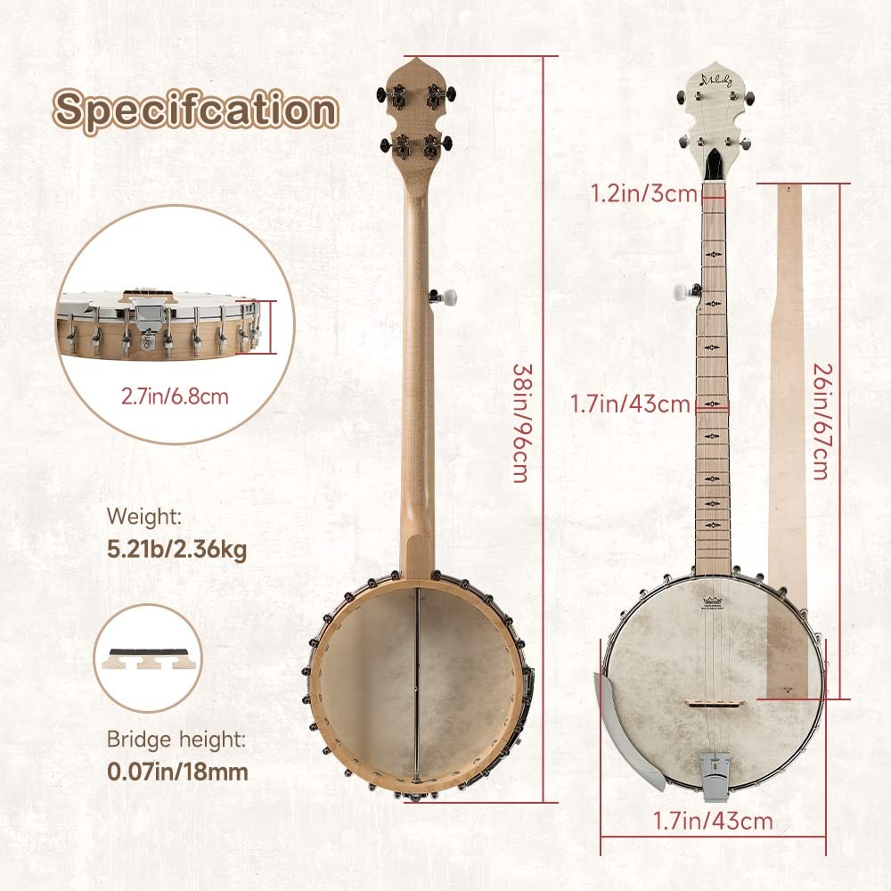 5 String Banjo, Full Size with 24 Brackets Banjo, Open Back, Maple Banjos wit...