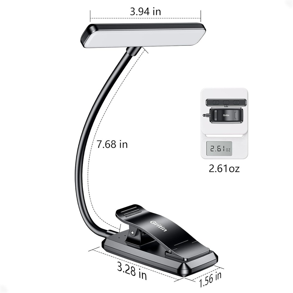 19 LED Rechargeable Book Light for Reading in Bed with Memory Function | Black