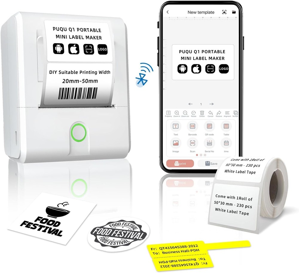 PUQU Q1 Bluetooth Label Maker Machine 2" Portable Printer + 40x30mm Tape