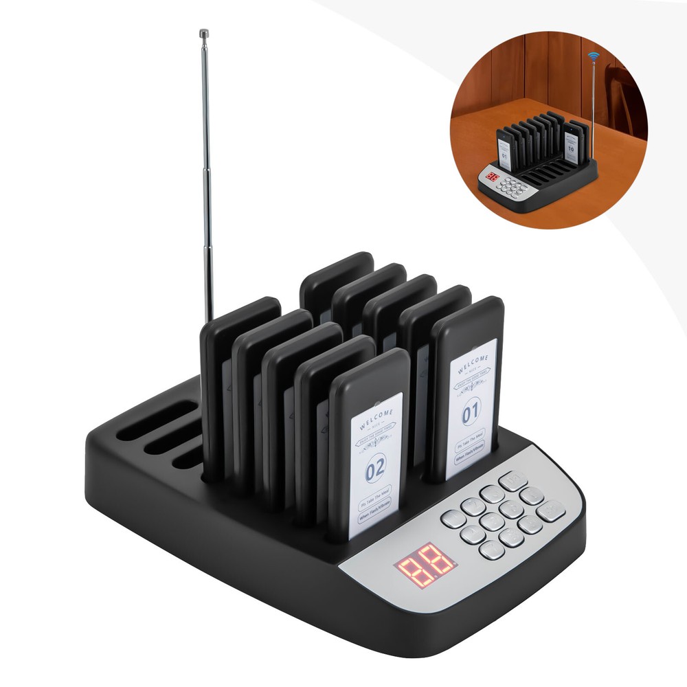 Restaurant Wireless Pager System 10 Buzzer Pager Guest Queuing Calling Black