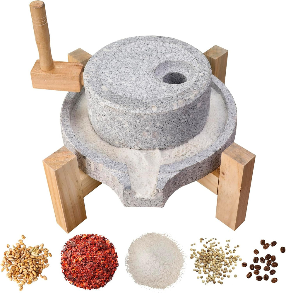 Premium Natural Stone Grain Mill with Solid Wood Base for Spices & Coffee