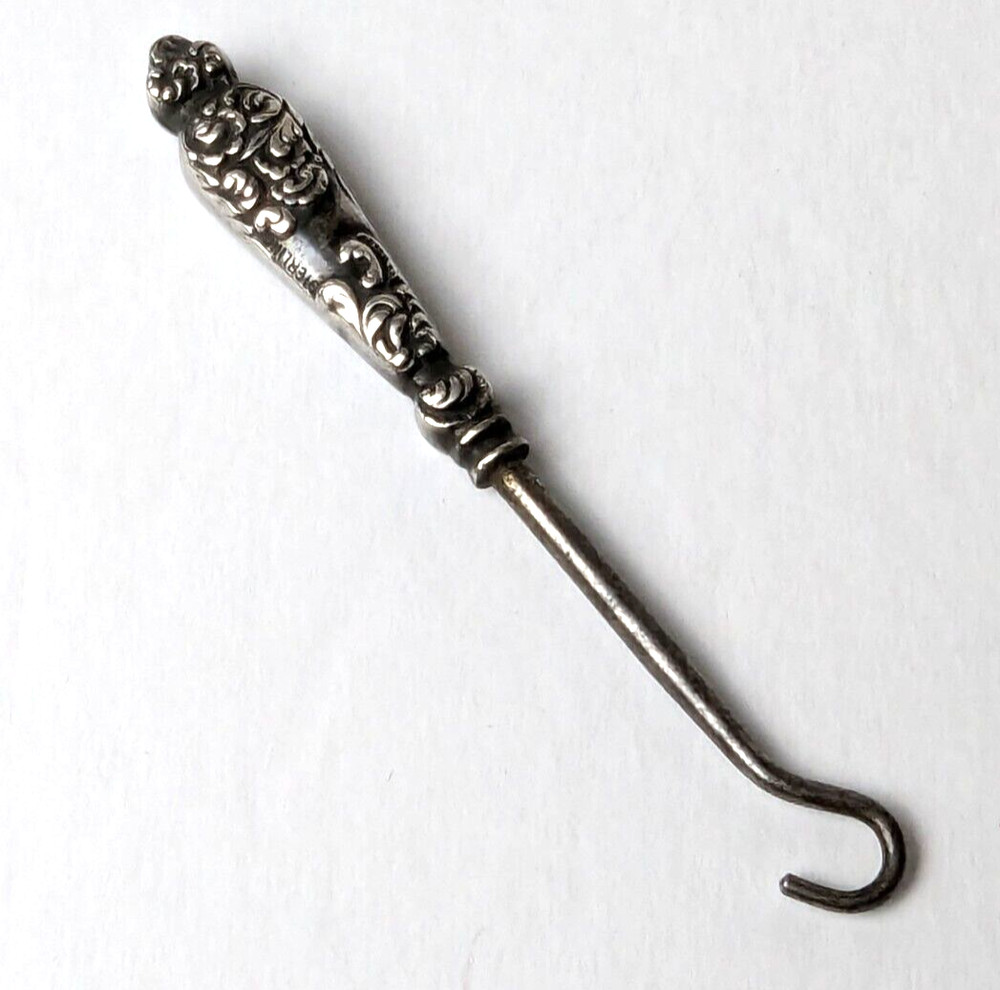 Tiny Antique Sterling Silver Victorian Repousse Glove or Shoe Button Hook 3"