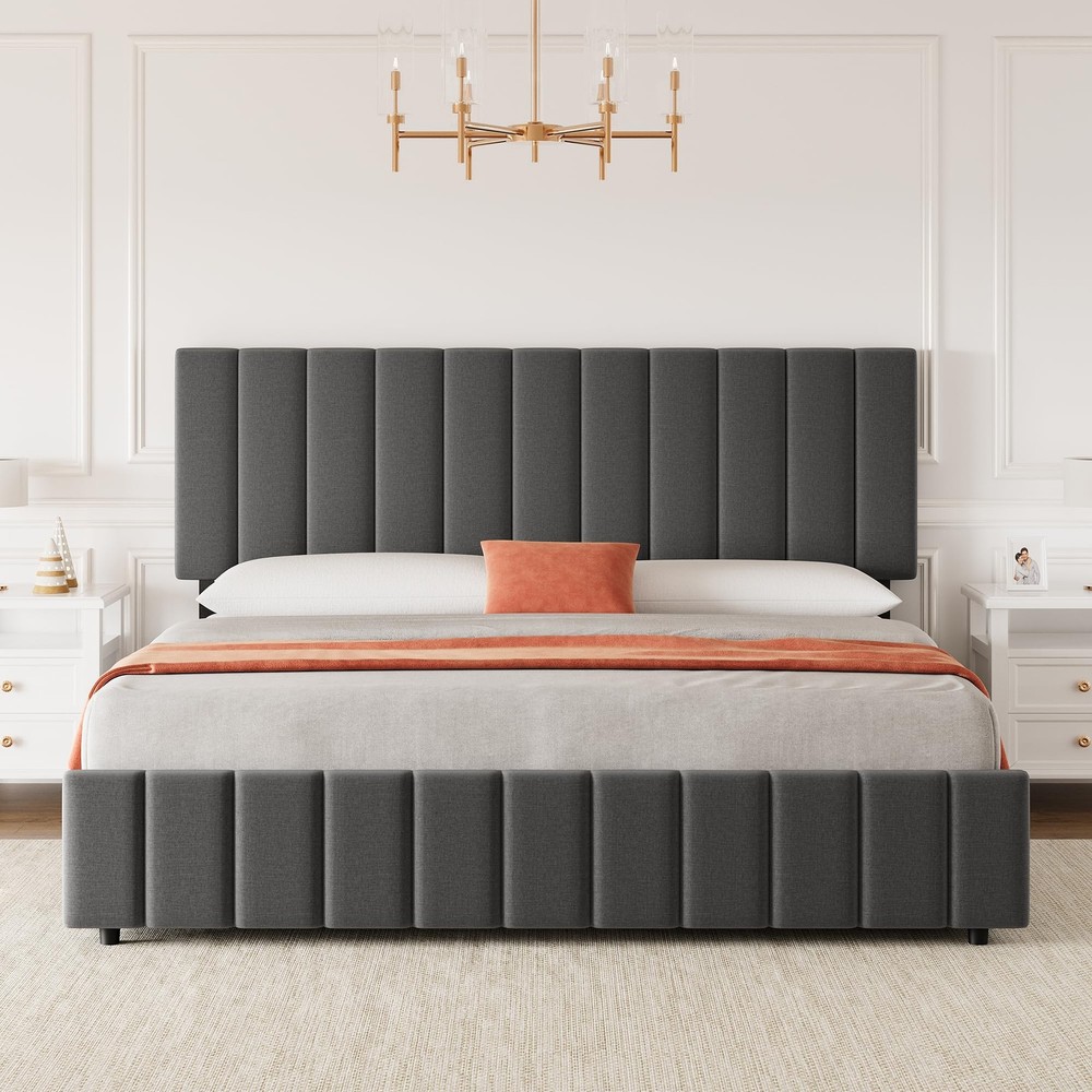 Queen Size Bed Frame with 4 Storage Drawers, Adjustable Height Headboard, Lin...