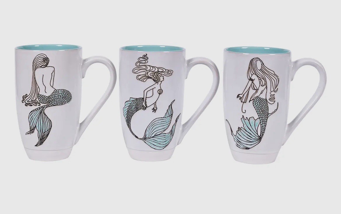 Set Of 3 MERMAID Coffee Mugs NEW 18oz Cup 6” Tall Embossed Beach 2 Sea Life RARE