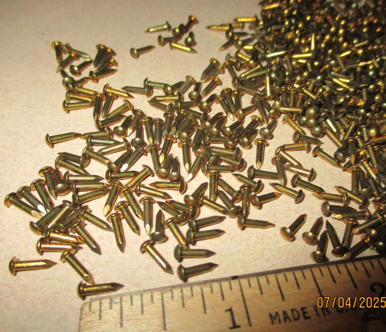 150--VINTAGE 1/4" X #17, SOLID BRASS BRAD NAILS, ROUND DOME HEAD ESCUTCHEON PINS