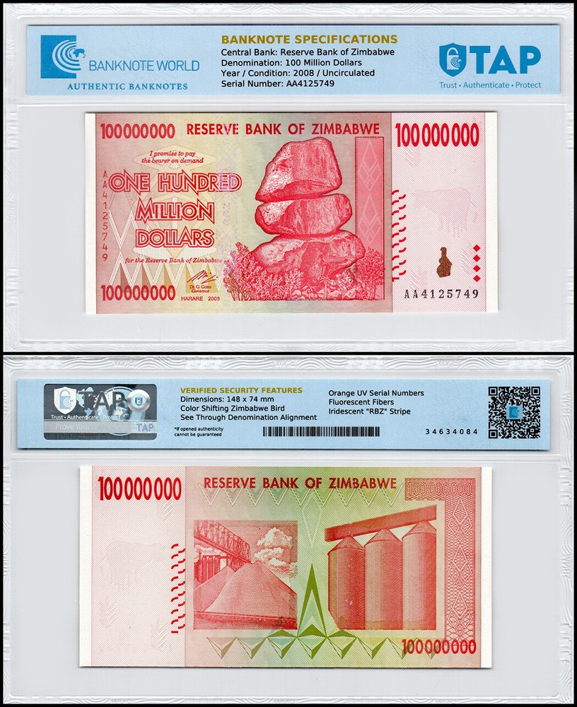 Zimbabwe 100 Million Dollars, 2008, P-80, UNC, Authenticated Banknote