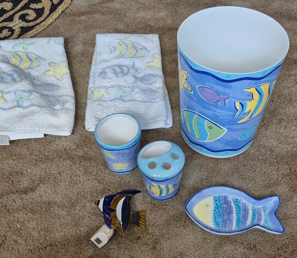 Fish Theme 7pc Bath Bathroom Set Ceramic Soap Dish ToothBrush Hold Cup Trash Can