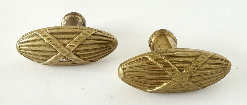 Pair Antique French Brass Knobs Handles Pulls Cabinet Reed & Ribbon 18th C