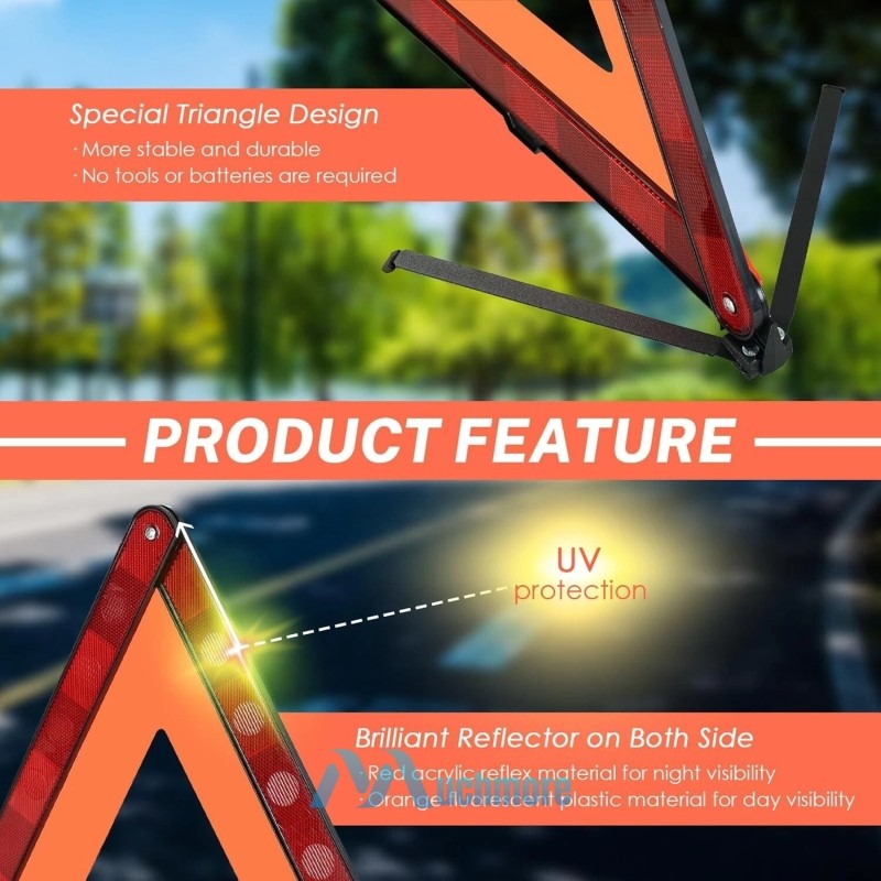 17in Safety Reflective Triangles DOT Approved, 3 Pack Foldable Warning Triangles