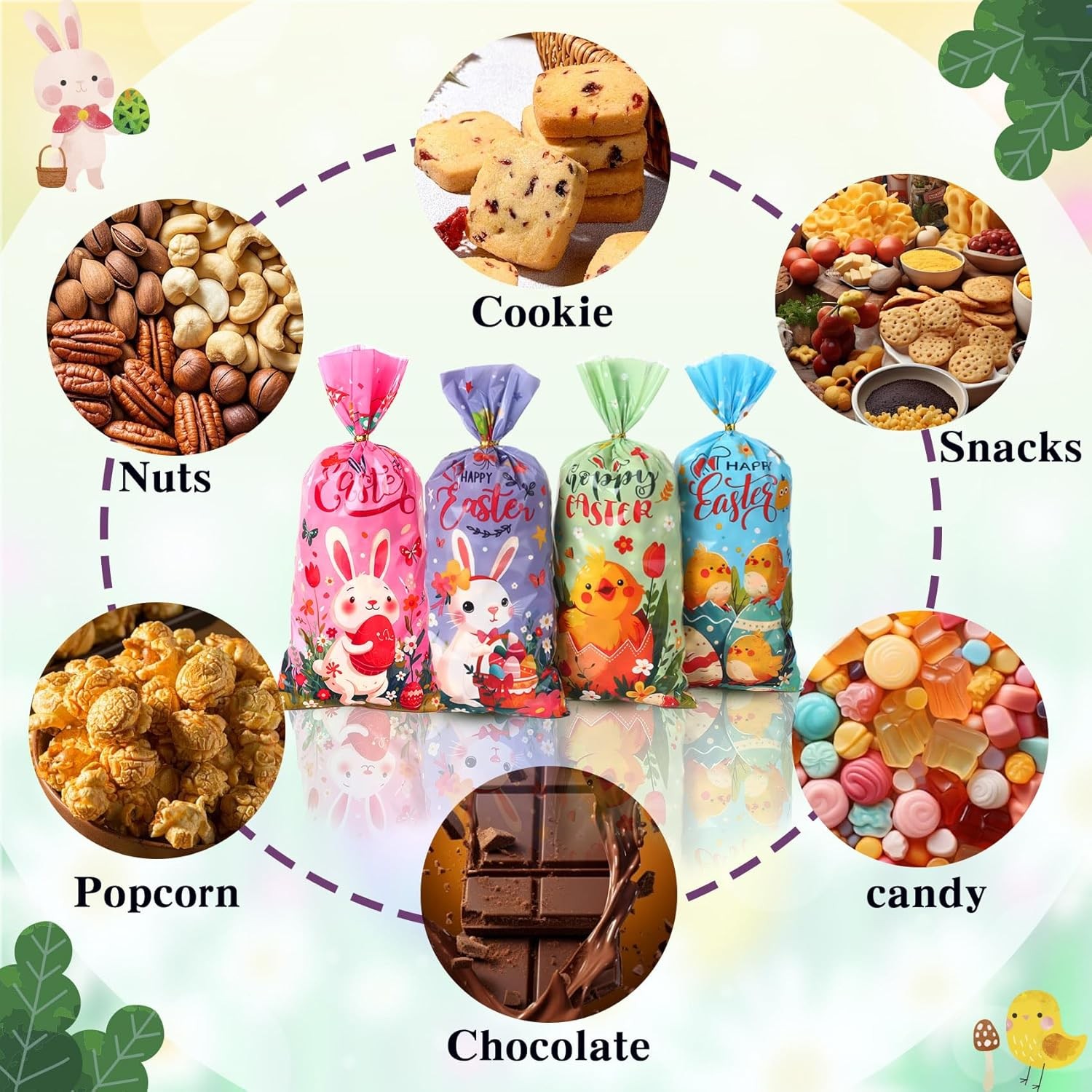 Happy Easter Treat Bags, 100Pcs Easter Cellophane Goodie Bags, Colorful Plastic