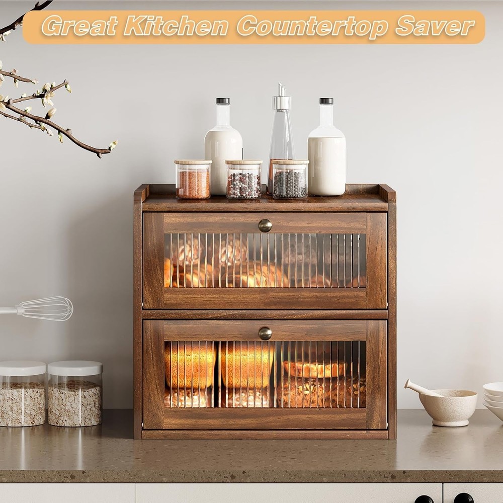 Double Layer Large Bread Box for Kitchen Counter, Wooden Corner Bread Storage Co