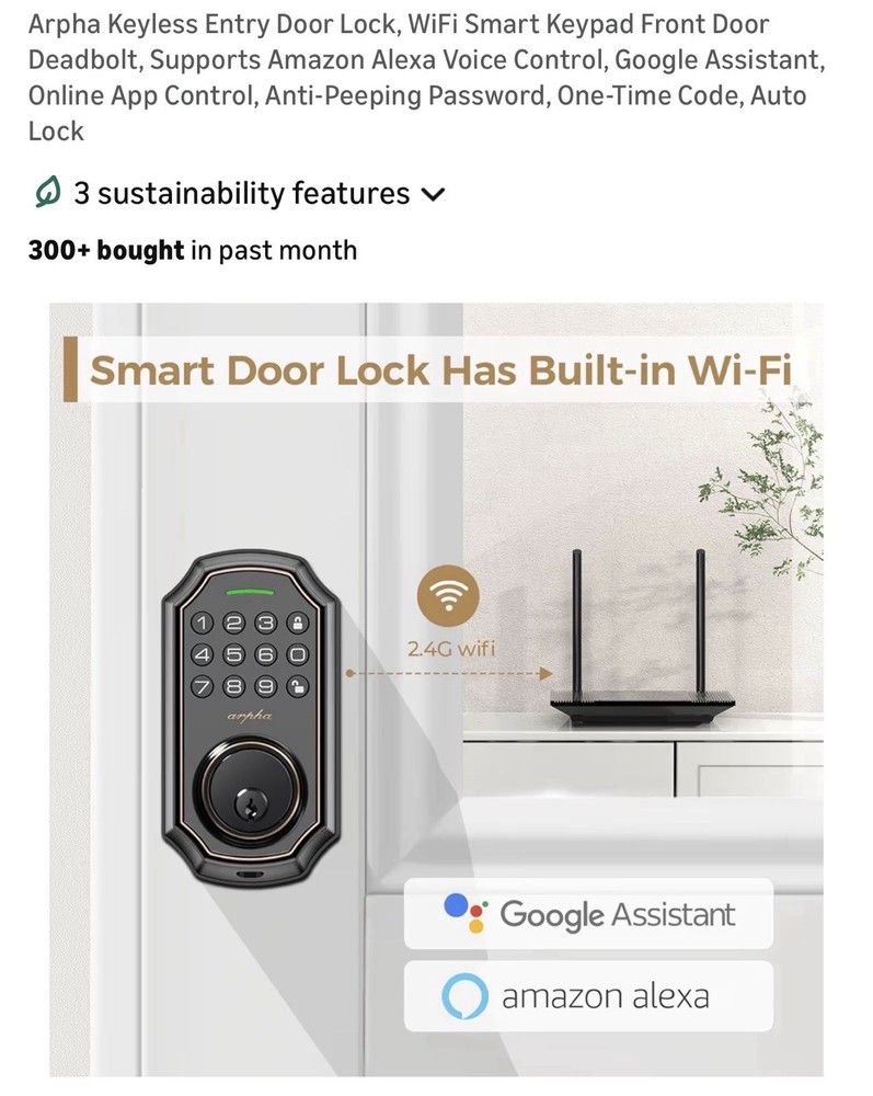 arpha Keyless Entry WiFi Smart Door Lock Keypad Black Alexa Google