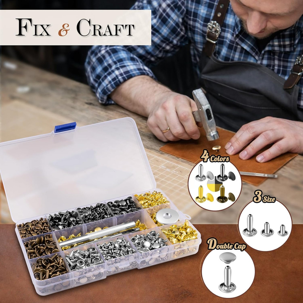 240 Sets Leather Rivets Kit, Double Cap Brass Rivets Leather Studs with 3PCS Set