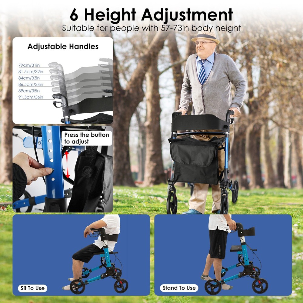 Aluminum Rollator Walker & Seat Backrest Rolling Walker Adjustable Black Walker