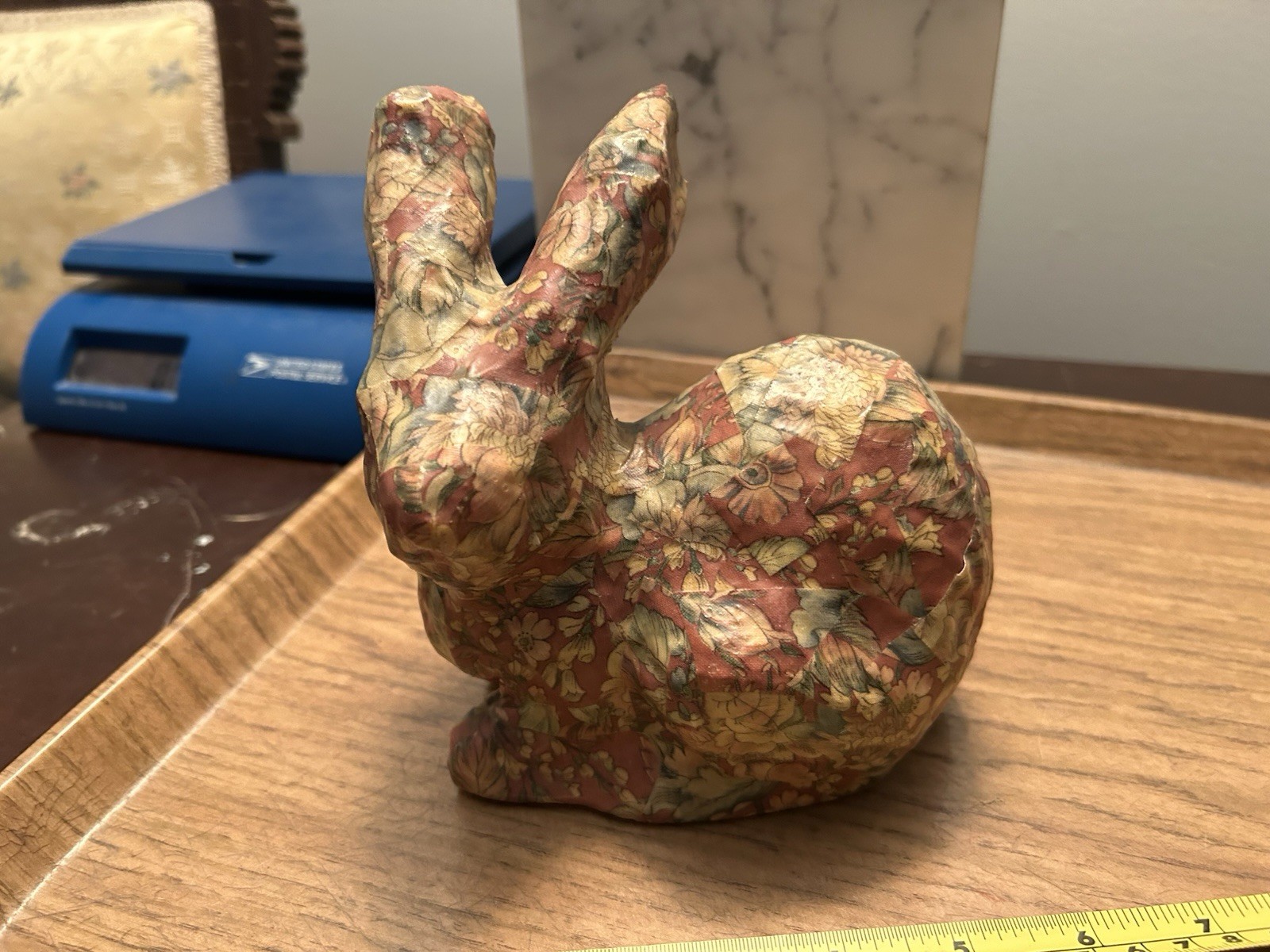 Vintage Hand Painted Paper Mache 7” Bunny Rabbit With Flowers