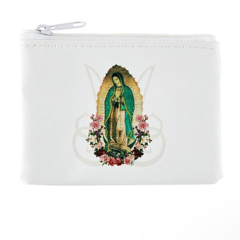 4x3” Our Lady of Guadalupe White Leatherette Rosary Pouch Case Bolsa Rosario
