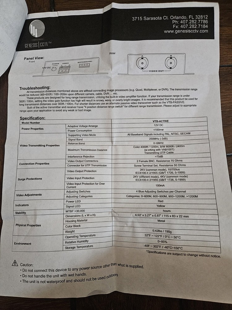 VTB-Active Single Channel Active Video Balun Receiver CCTV Camera