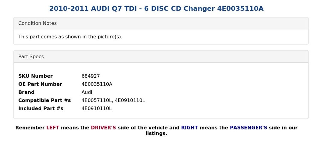 2010-2011 AUDI Q7 TDI - 6 DISC CD Changer 4E0035110A
